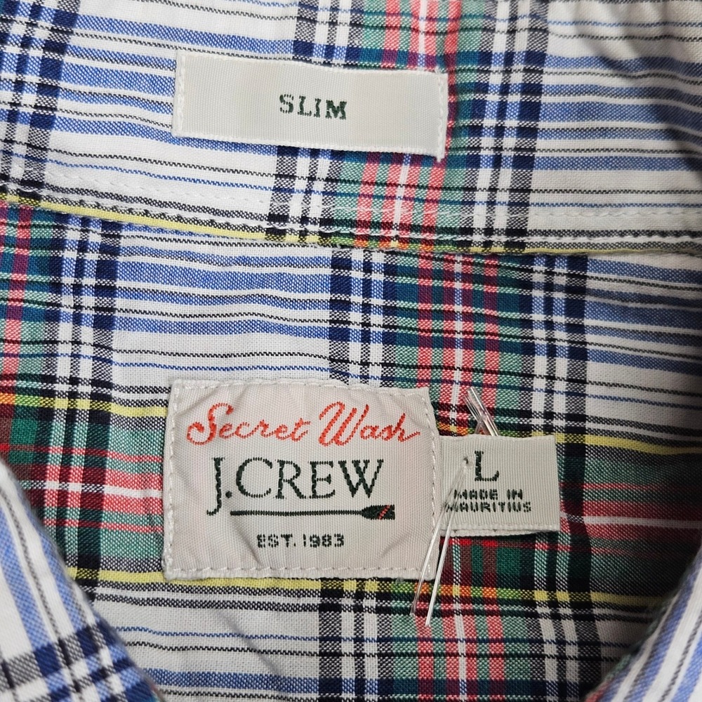 J. Crew Secret Wash Poplin Button Down Mens L Blue Plaid Slim Fit BN127 Preppy - Picture 3 of 11